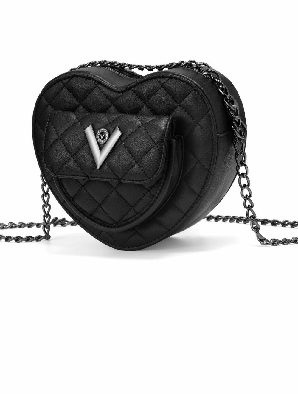 Valentino Orlandi Heart Shaped Black Quilted Bag with Gunmetal Chain